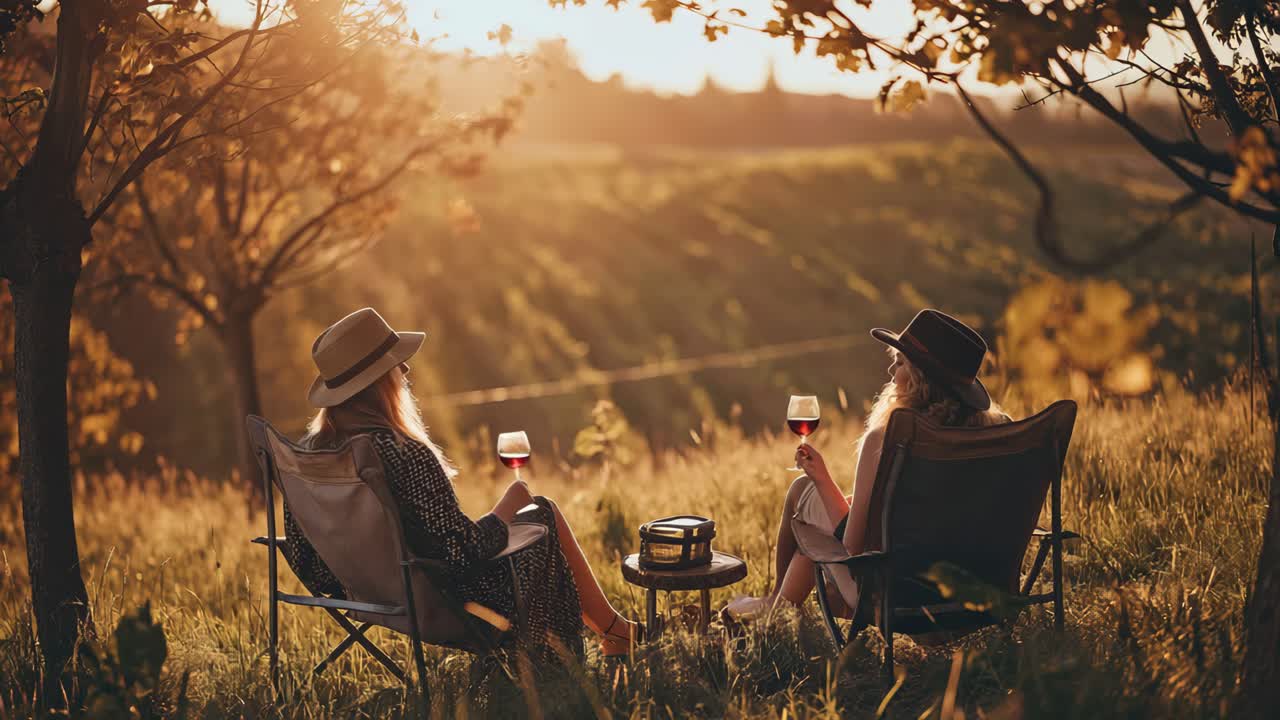 Two female friends relaxing in camping chairs, sipping red wine and enjoying a Tuscan sunset over rolling hills, embracing the tranquil beauty of the vineyard landscape