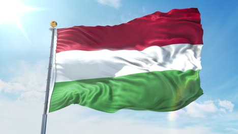 bandera húngara ondeando en el viento contra el cielo azul profundo. tema nacional, concepto internacional. render 3d bucle sin costuras 4k