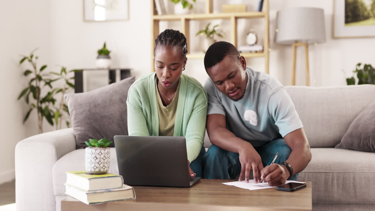 Paperwork, laptop or couple working on financial