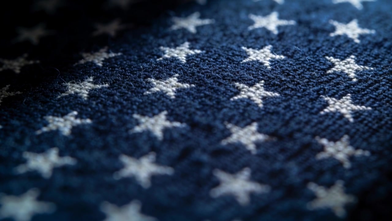 Pulling focus, studio camera drifting slowly over blue fabric white stars, revealing woven texture