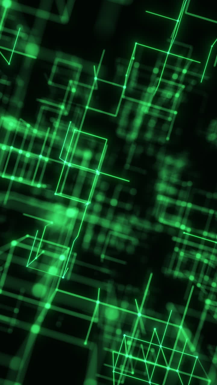 Green Digital Vertical Wireframe Grid with Soft Glowing Geometry. Looped 3D rendering
