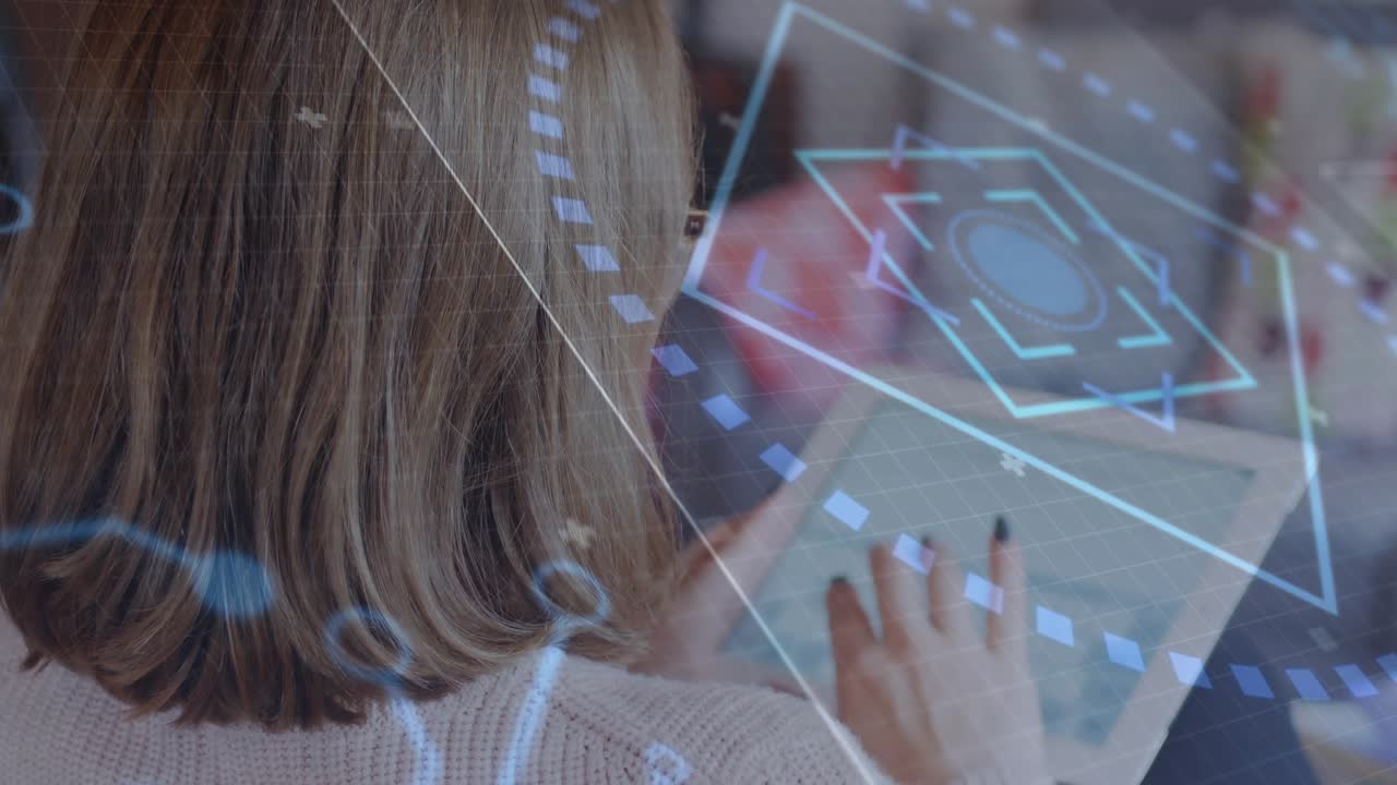Man tapping tablet initiating tech AR UI rotating shapes merging into 3D shape for target highlight