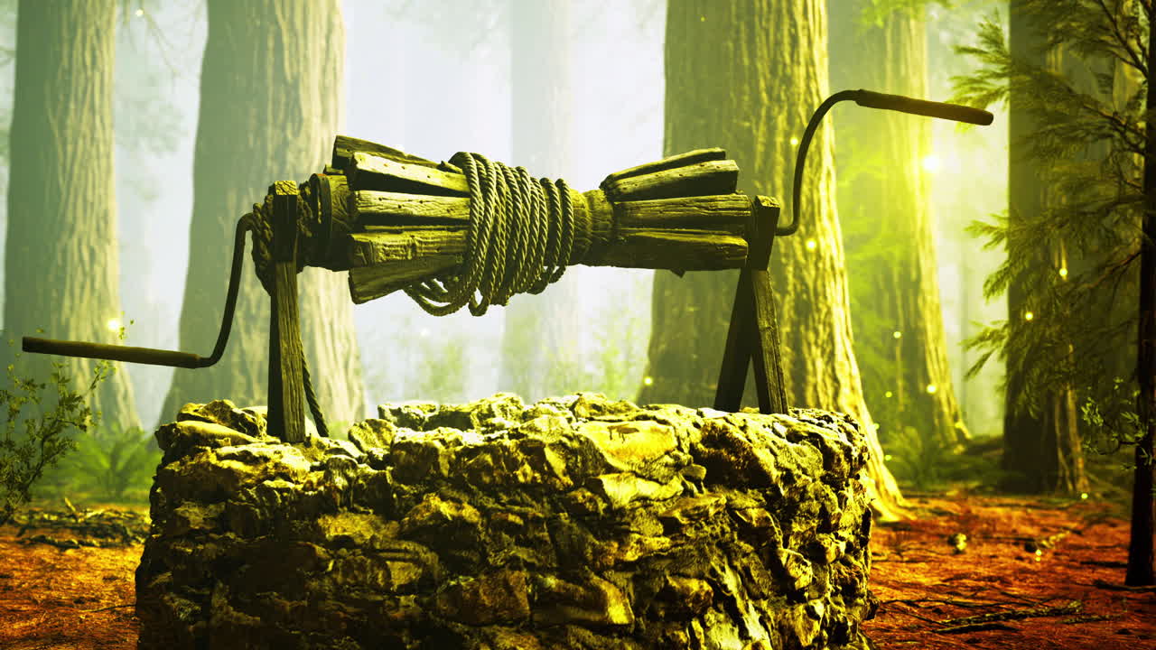 Mystical well surrounded by towering trees in an enchanted forest setting