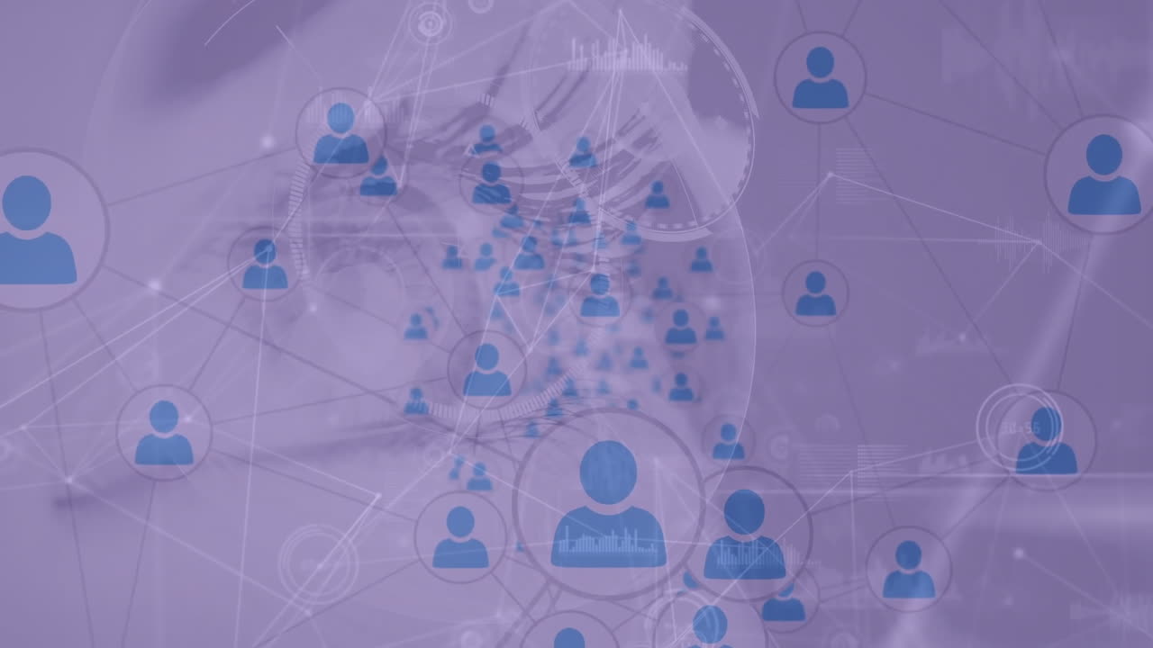 Animation of blue user icons connected by lines on purple background