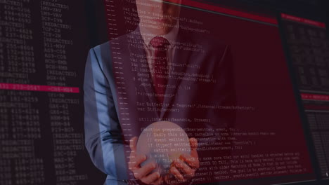 animation of data processing on screens over businessman holding globe