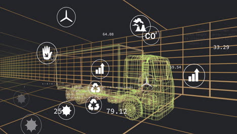 animación de la interfaz digital del coche y los iconos eco sobre el modelo 3d del coche