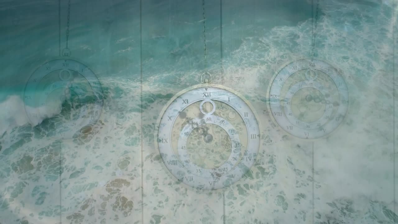 Swell pushing surf over frame, central pocket-watch rotating and fading, showing time passage