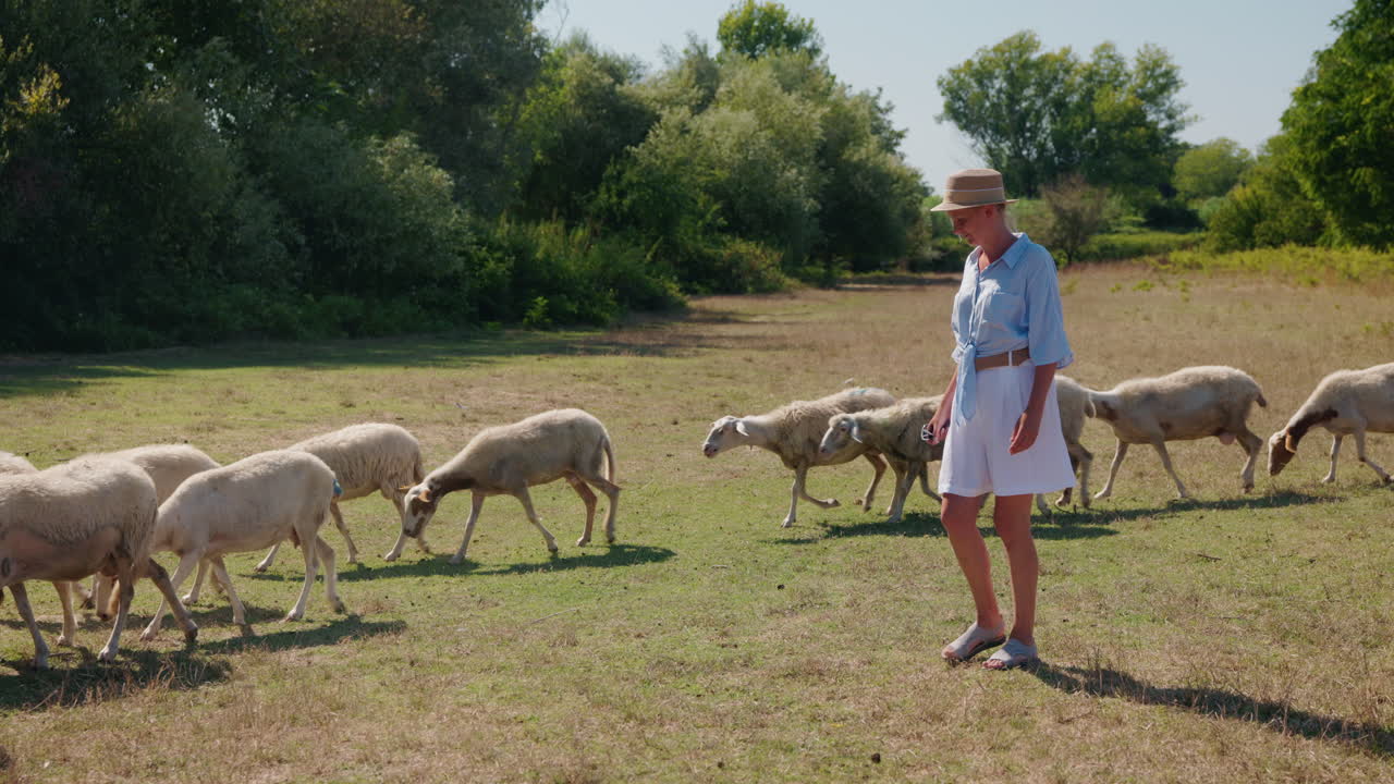 Woman Herding Sheep in a Sunny Field