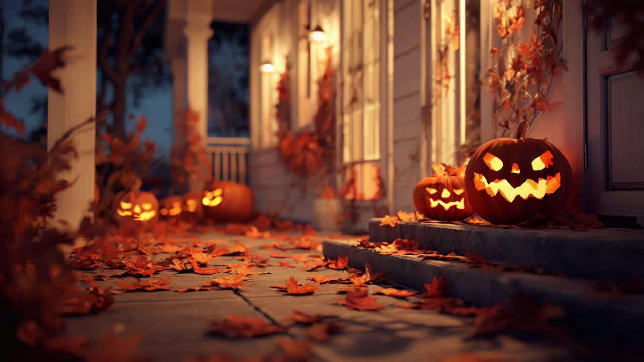 Scena di Halloween da brividi: Un portico festivo decorato con zucche intagliate luminose tra foglie autunnali colorate nel tenue bagliore serale.