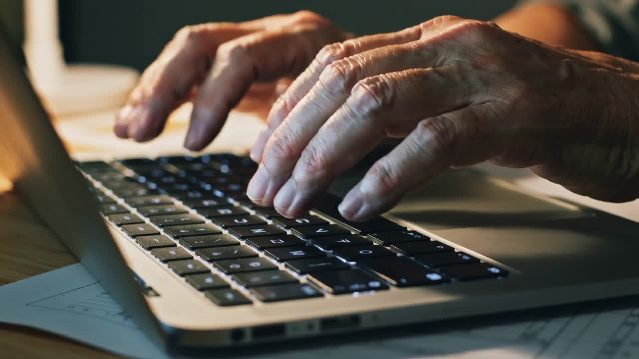 Starting from rest, hands pressing backlit laptop keys on desk with papers lamp gray sleeve working