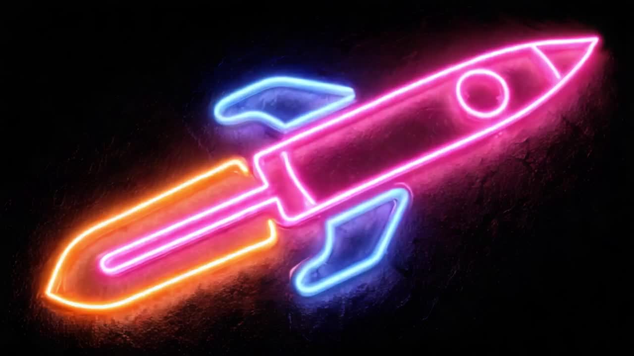 Vibrant Neon Rocket Art: A Stunning Display of Colorful Illumination with a Classic Spacecraft Design, Perfect for Captivating Wall Decor or Illustrating Space Themes