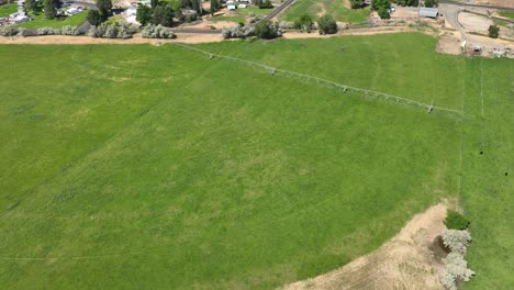 vista aérea de un gran sistema de rociadores que riega un campo de cultivos