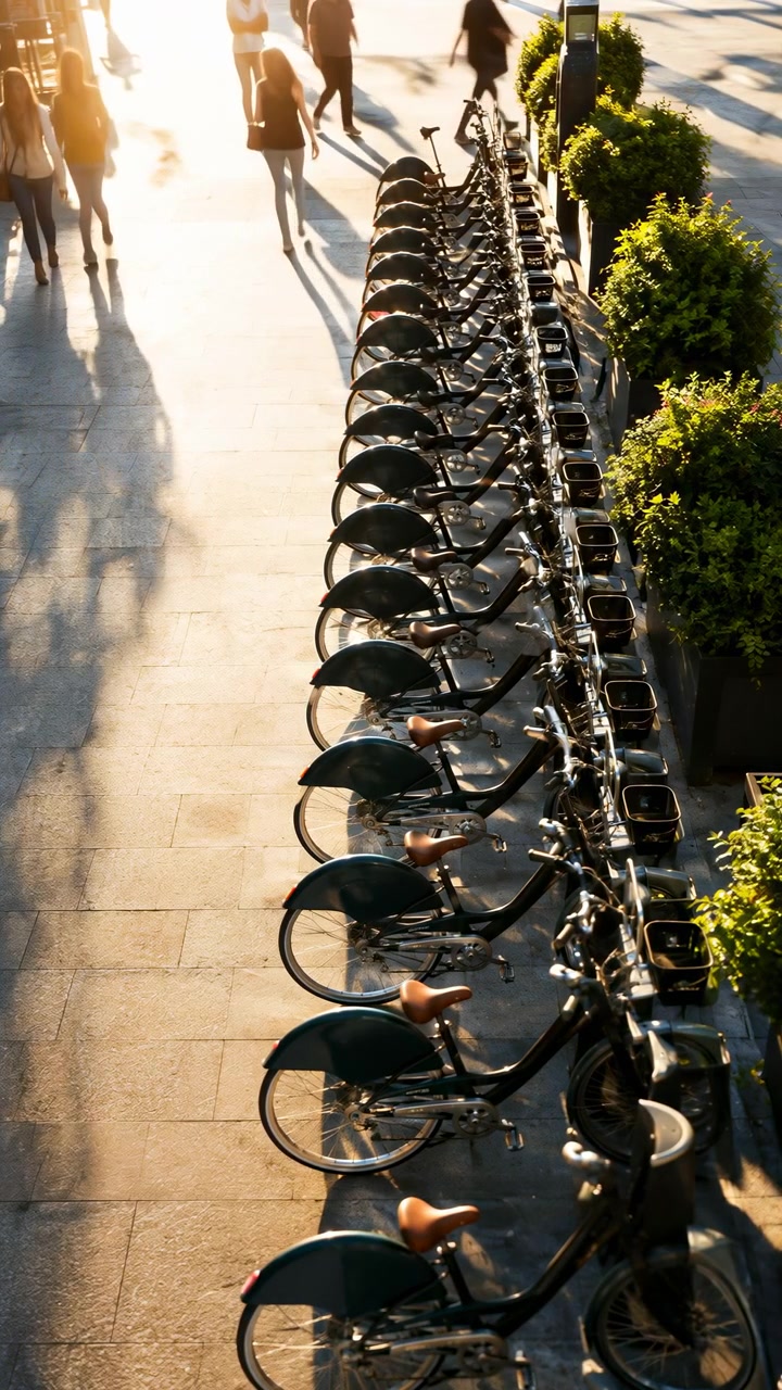 Long row of bicycles remains beside paved pedestrian area while people walk through bright daylight, with strong shadows, greenery, and vertical composition capturing public urban surroundings
