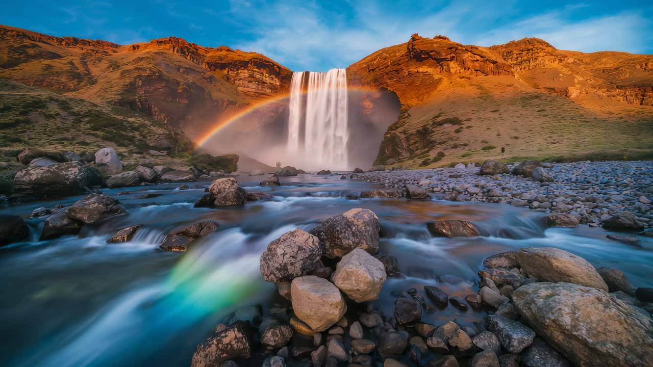 Kamera panning merekam air terjun tengah dan pelangi, bergerak untuk menampilkan bagian depan sungai berbatu dan kabut