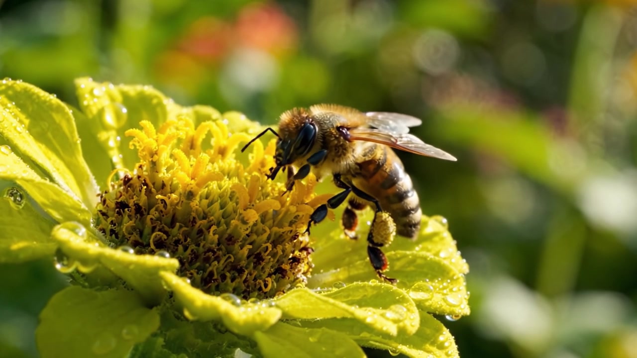 Capturing the Beauty of Nature: A Close-Up of a Honey Bee Pollinating a Vibrant Yellow Flower Dew-kissed in the Morning Sunlight