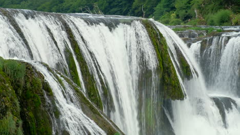 Water flows over rock covered in green plants Trees are in the background