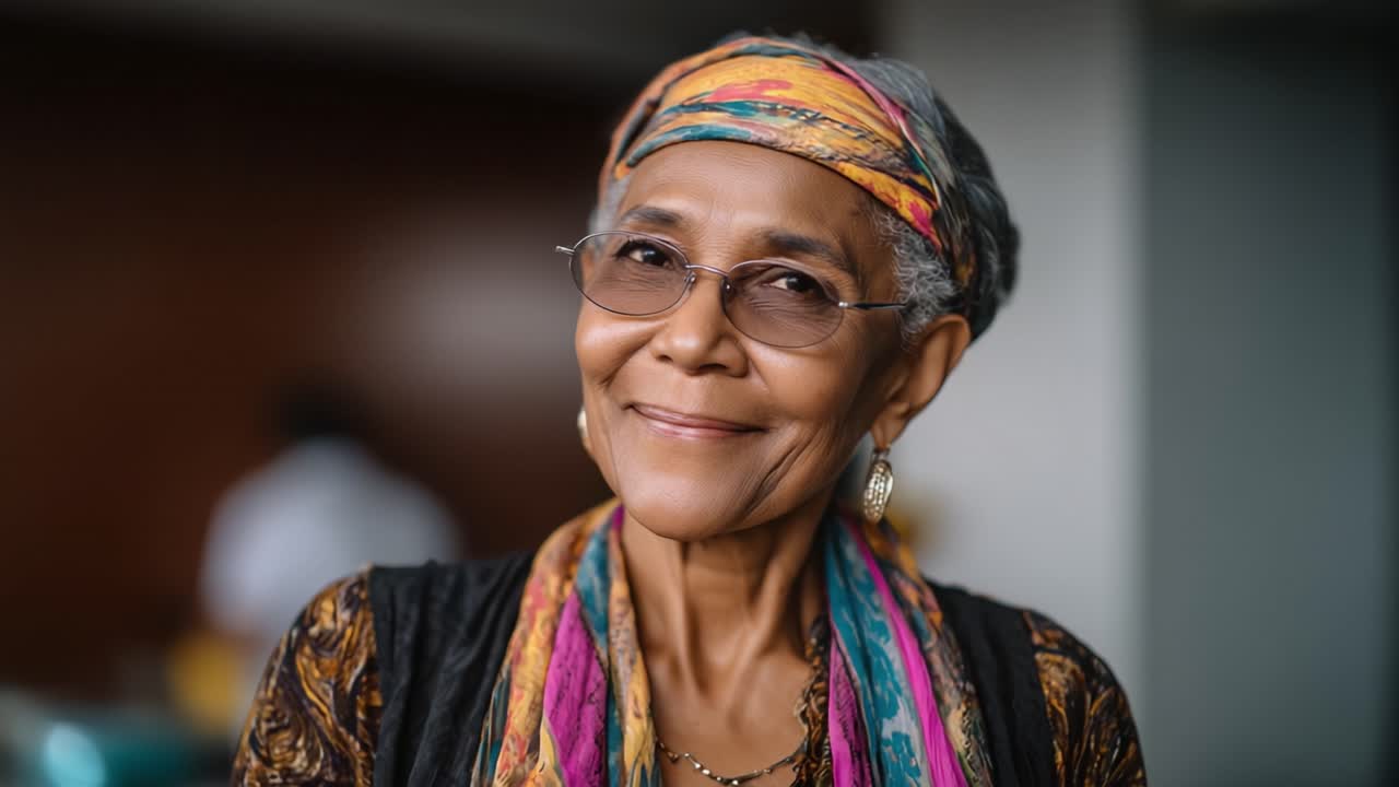 A Radiant Elderly Woman Wearing Colorful Head Scarf and Glasses, Exuding Wisdom and Grace with a Gentle Smile and Bright Eyes Captured in a Moment of Joy