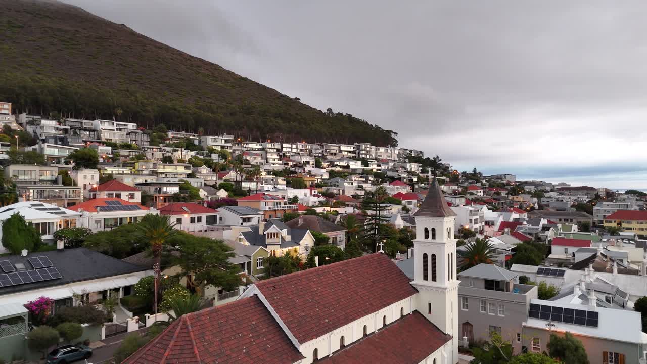 aerial cityscape view of Cape Town South Africa drone fly above church and residential area