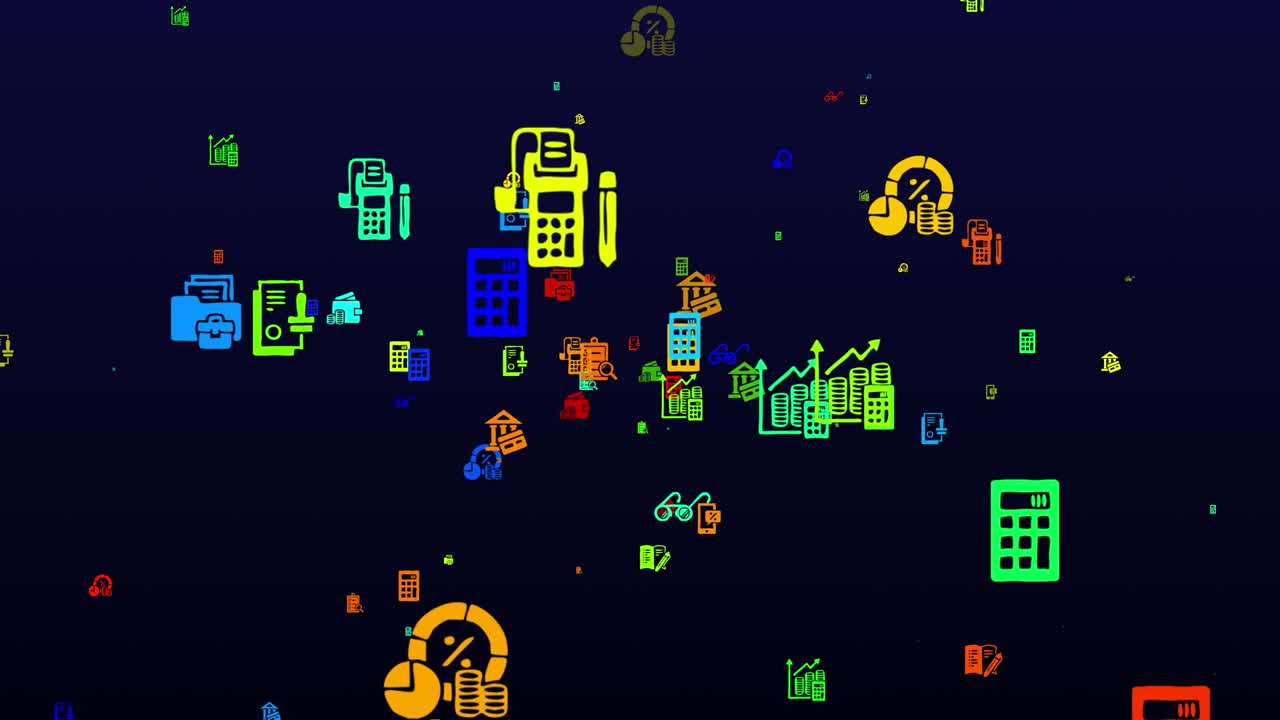 International Accounting Day. neon icons background. seamless pattern. loop animation. small, multicolored icons, illustrations or logos appear, fly slowly on black backdrop