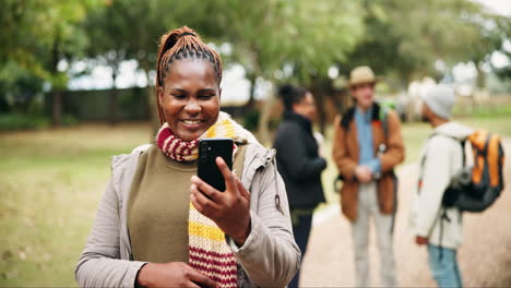 video call, hiking and woman in forest