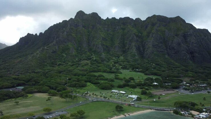 Aerial Drone Shot of Hawaii by the Coast Zoom In