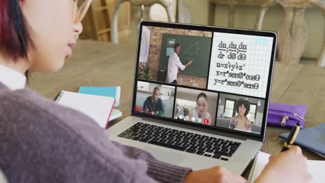 asian female student using laptop for online lesson with diverse students and teacher