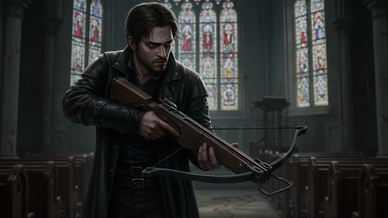 A lone figure stands in a dimly lit church, gripping a crossbow tightly, surrounded by stained glass windows that cast colorful reflections on the ancient stone walls