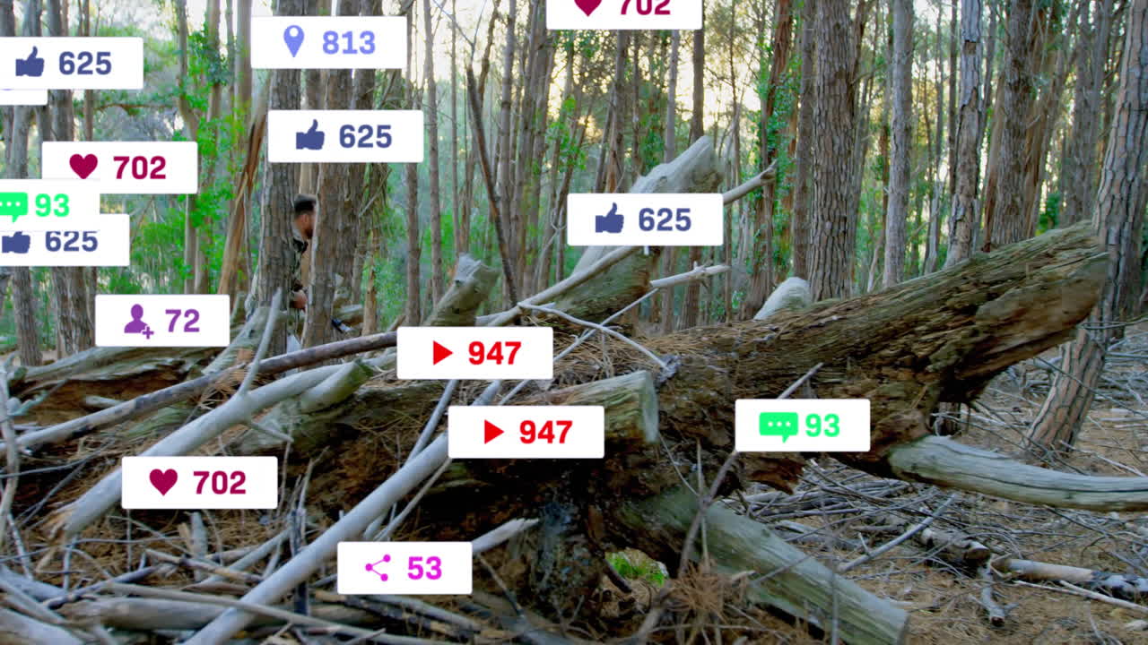Animation of fallen tree in forest with social media notification icons floating