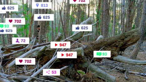 animation of fallen tree in forest with social media notification icons floating