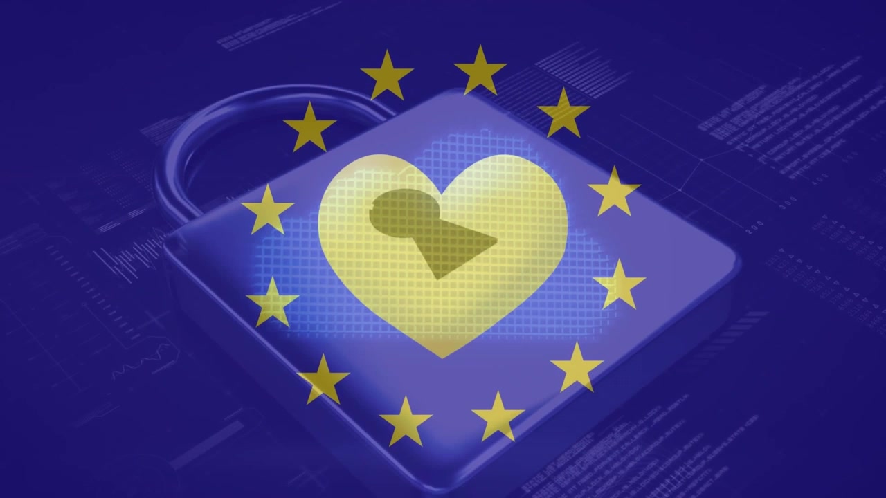 Animazione di un lucchetto, elaborazione dati e bandiera dell'UE