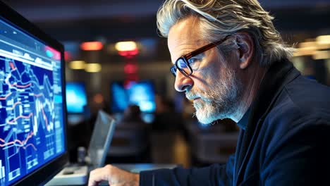 senior professional analyzing data on a computer screen in a modern office