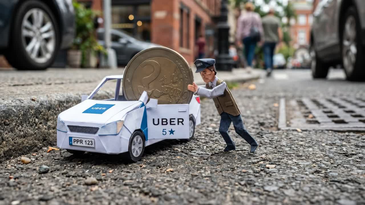 紙の車にユーロ硬貨を入れるミニチュアのUberドライバー