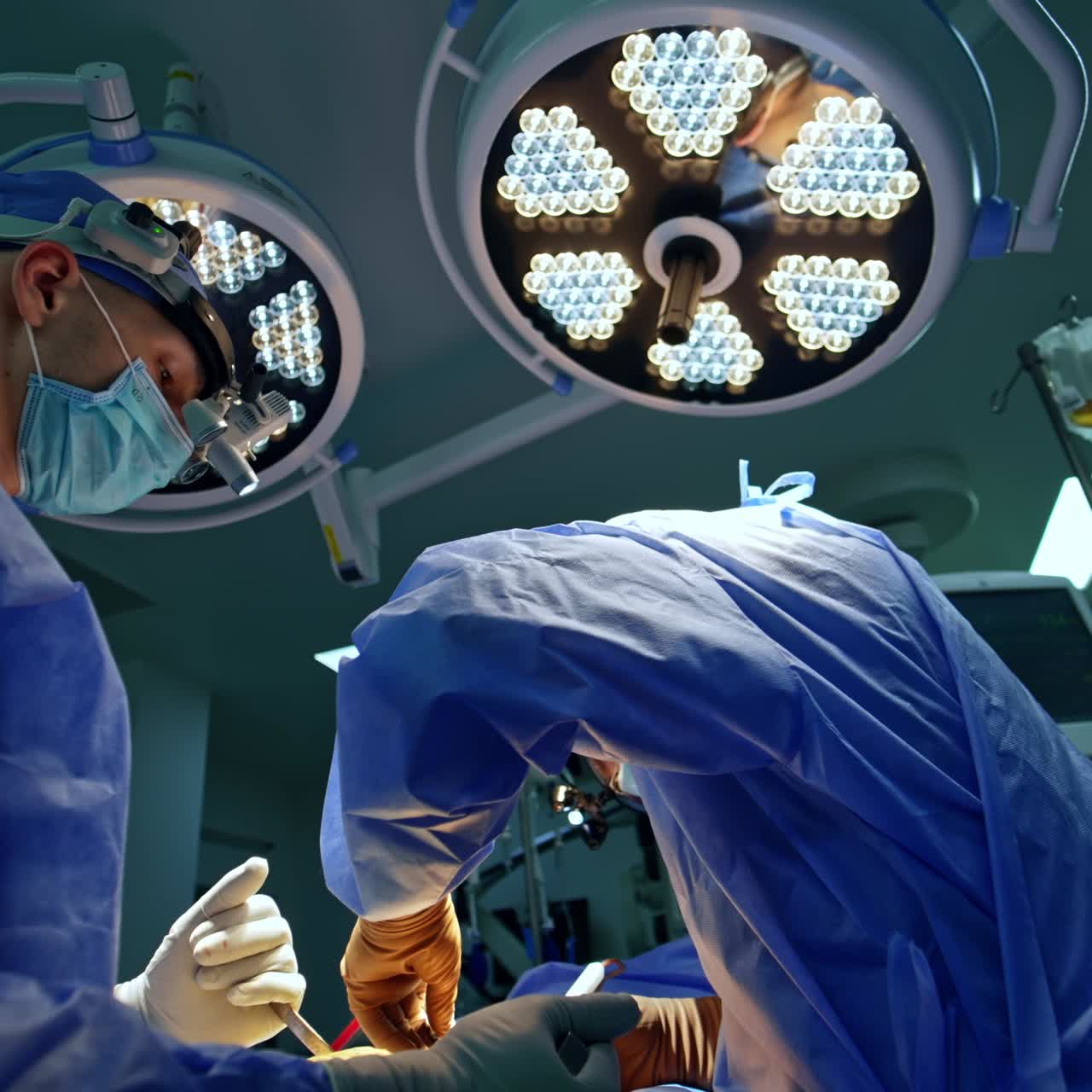Two professional neurosurgeons cooperating at surgery. Powerful round lamps at backdrop. Low angle view