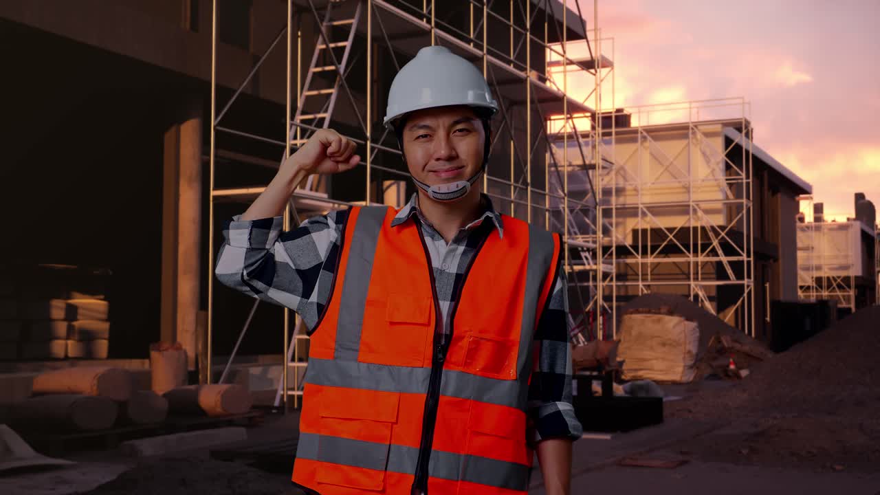 Confident Construction Worker Flexing Muscles at Sunset Building Site
