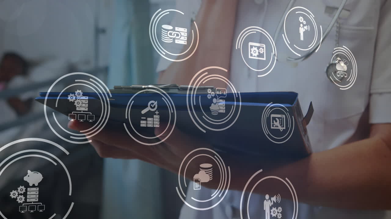 animación de iconos de negocios sobre una doctora caucásica tomando notas