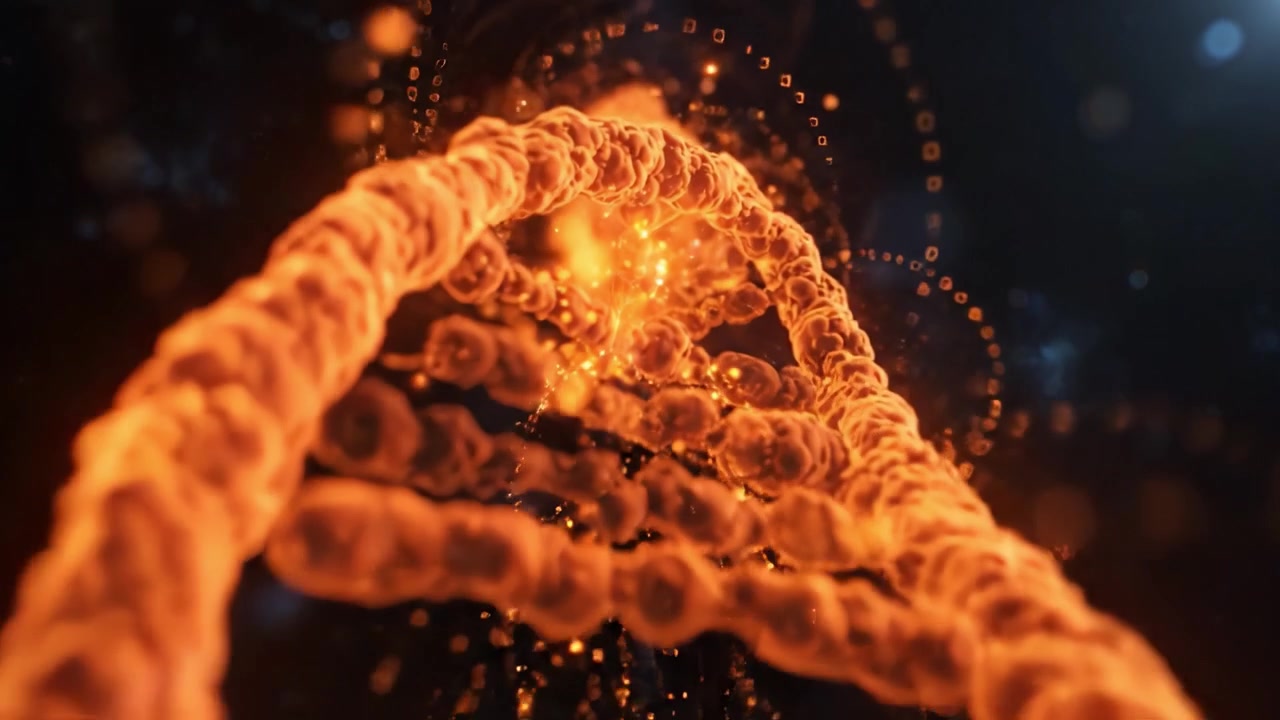 Un Affascinante Viaggio Visivo Attraverso le Strutture Molecolari, Mostrando un'Elica a Spirale della Vita e Informazioni Codificate in Catene di Materia Organica Splendidamente Attorcigliate.