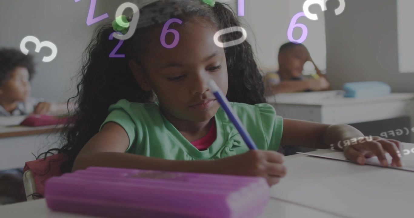 Code overlay initiating floating purple numbers around child girl writing with classmates observing