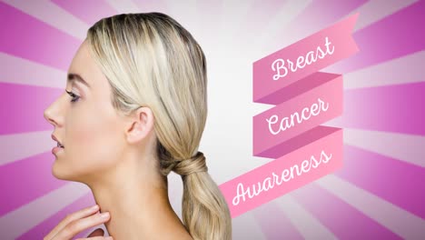 Animation-of-pink-breast-cancer-text-over-young-woman