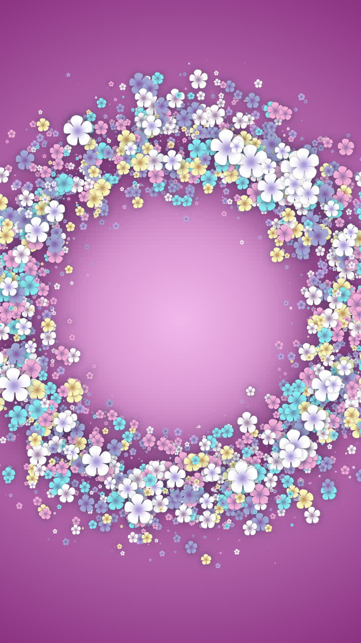 Floral round frame on pink spring background. Small flying flowers with abstract particles. Looped holiday animation. Vertical video.