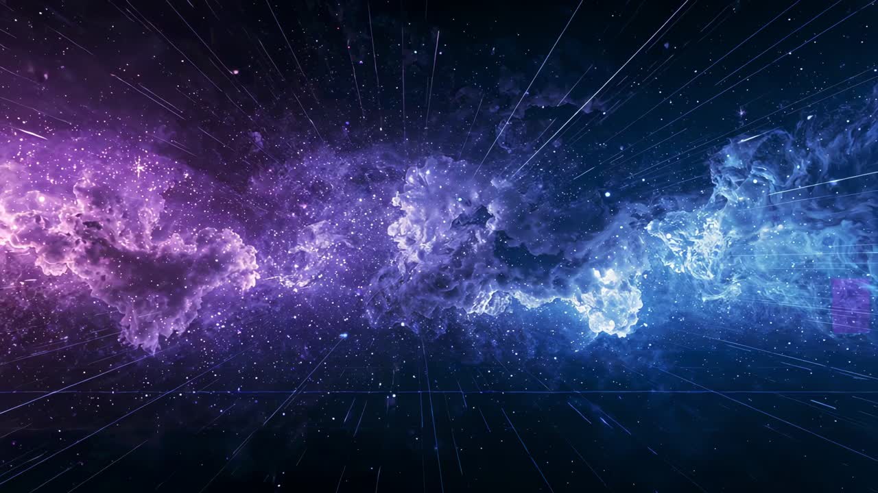 Panoramica iniziale della telecamera che sposta la visuale verso una grande nebulosa nello spazio, rivelando filamenti e campi stellari