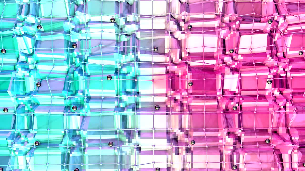 Low poly 3D surface with flying grid or mesh and black spheres as trendy background. Soft geometric low poly background of pure blue pink red polygons. 4K Fullhd seamless loop background