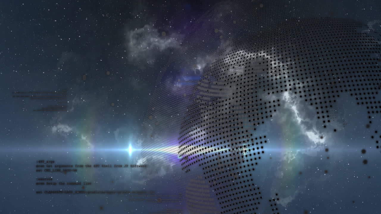 Digital globe with dotted pattern spinning over starry cosmic space background