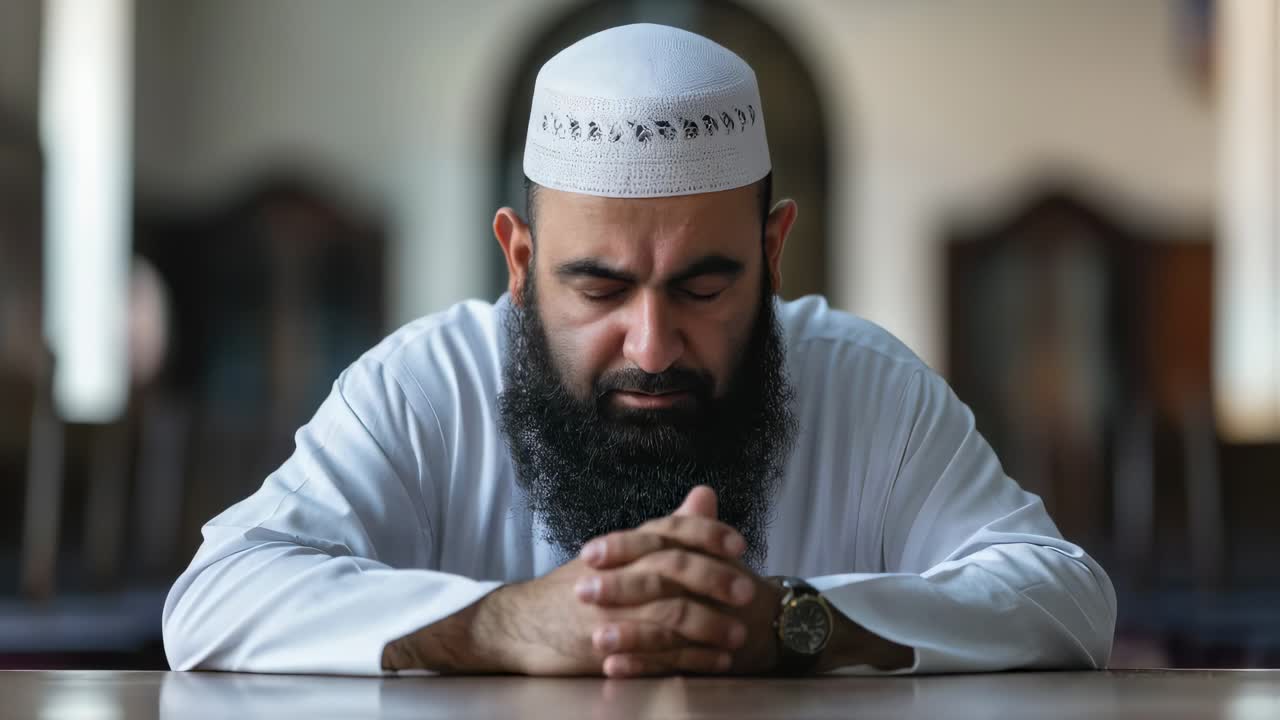 Devout muslim man wearing traditional kufi cap, sitting at wooden table with hands clasped, engaging in deep prayer with closed eyes inside peaceful mosque sanctuary