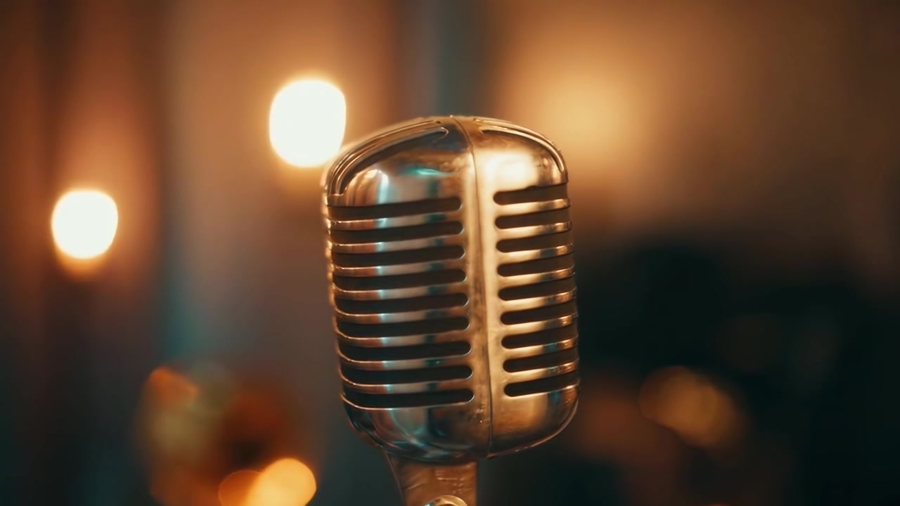 Vintage Silver Microphone Standing in a Dimly Lit Studio