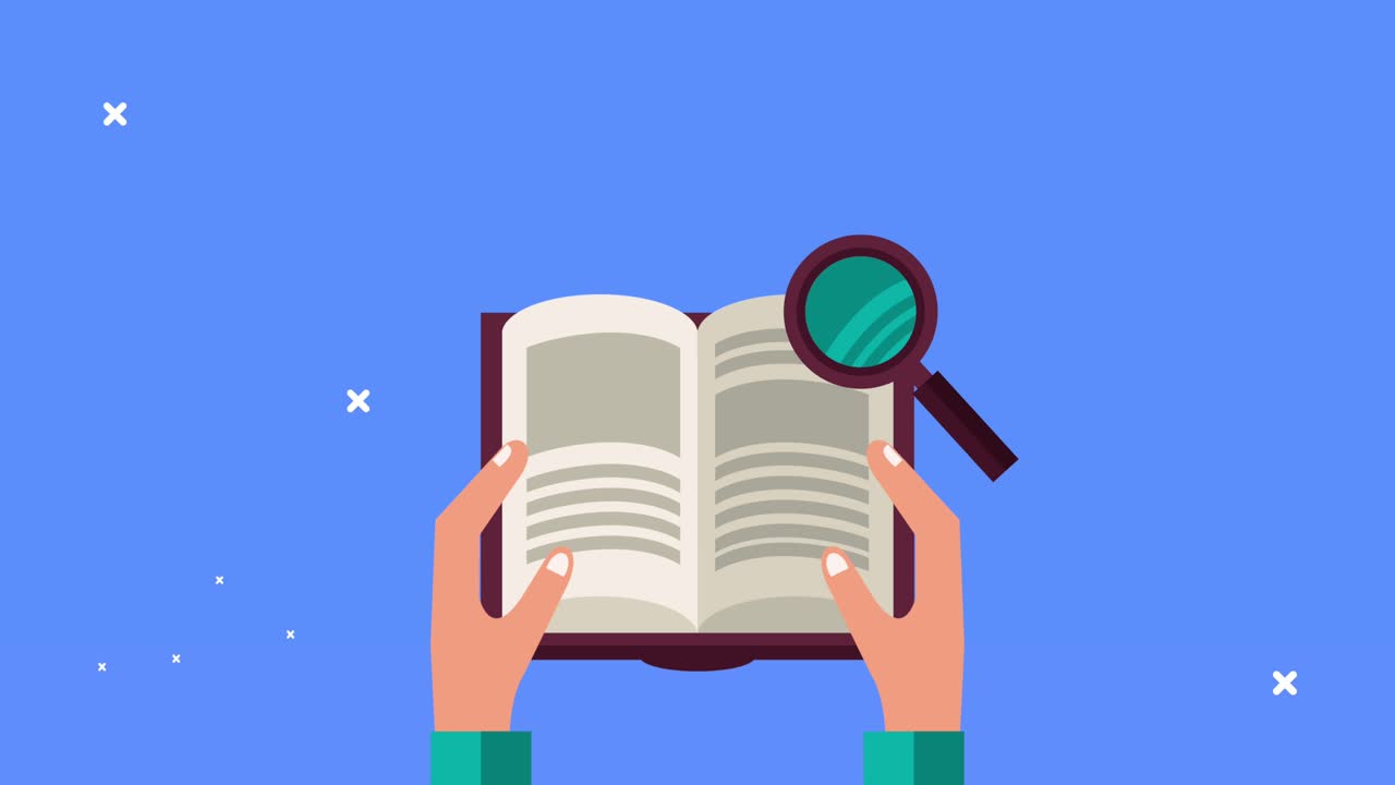fornitura di libri con lente d'ingrandimento animazione di apprendimento