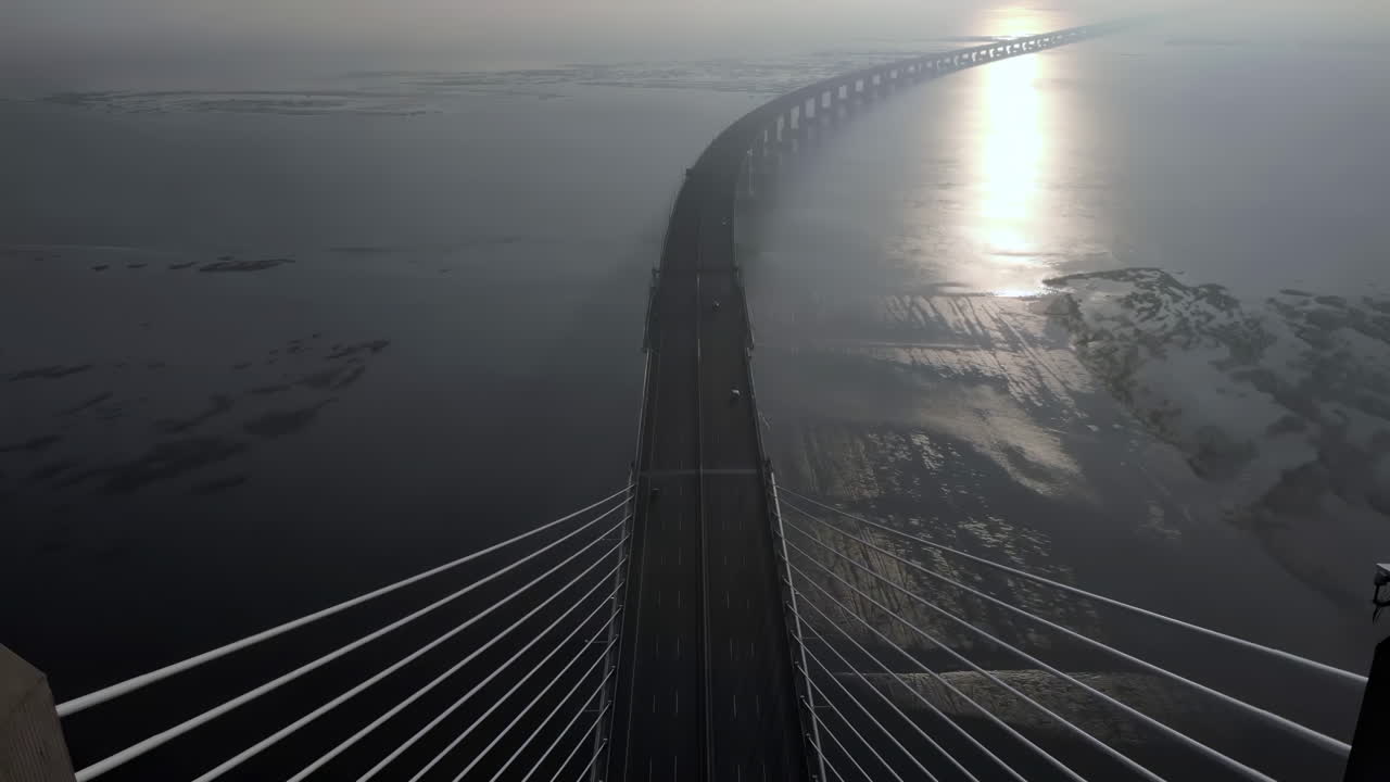 The Vasco da Gama cable-stayed bridge flanked by viaducts that spans the Tagus River in Parque das Nacoes in Lisbon