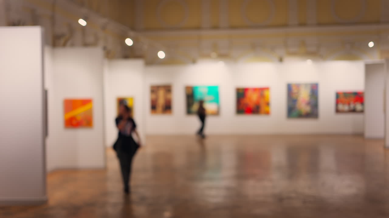 Blurred view of people walking through the National Museum of Fine Arts in Chisinau, Moldova