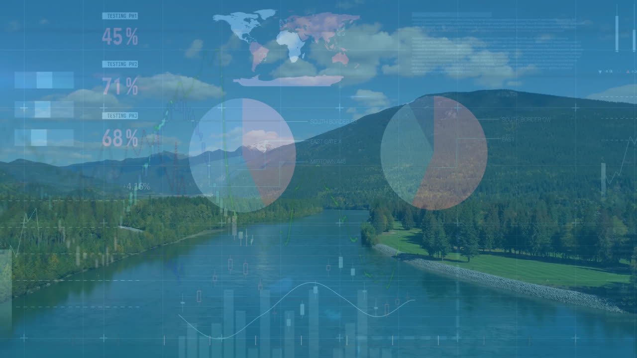 Data visualization animation over serene river landscape with mountains and trees