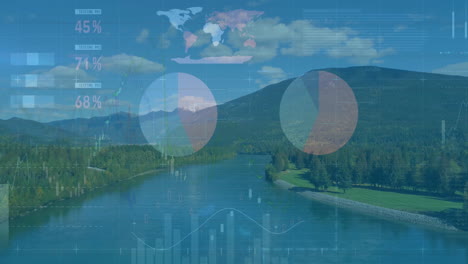 data visualization animation over serene river landscape with mountains and trees