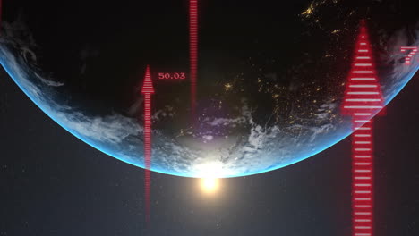 animation of digital data processing and arrows over globe on dark background